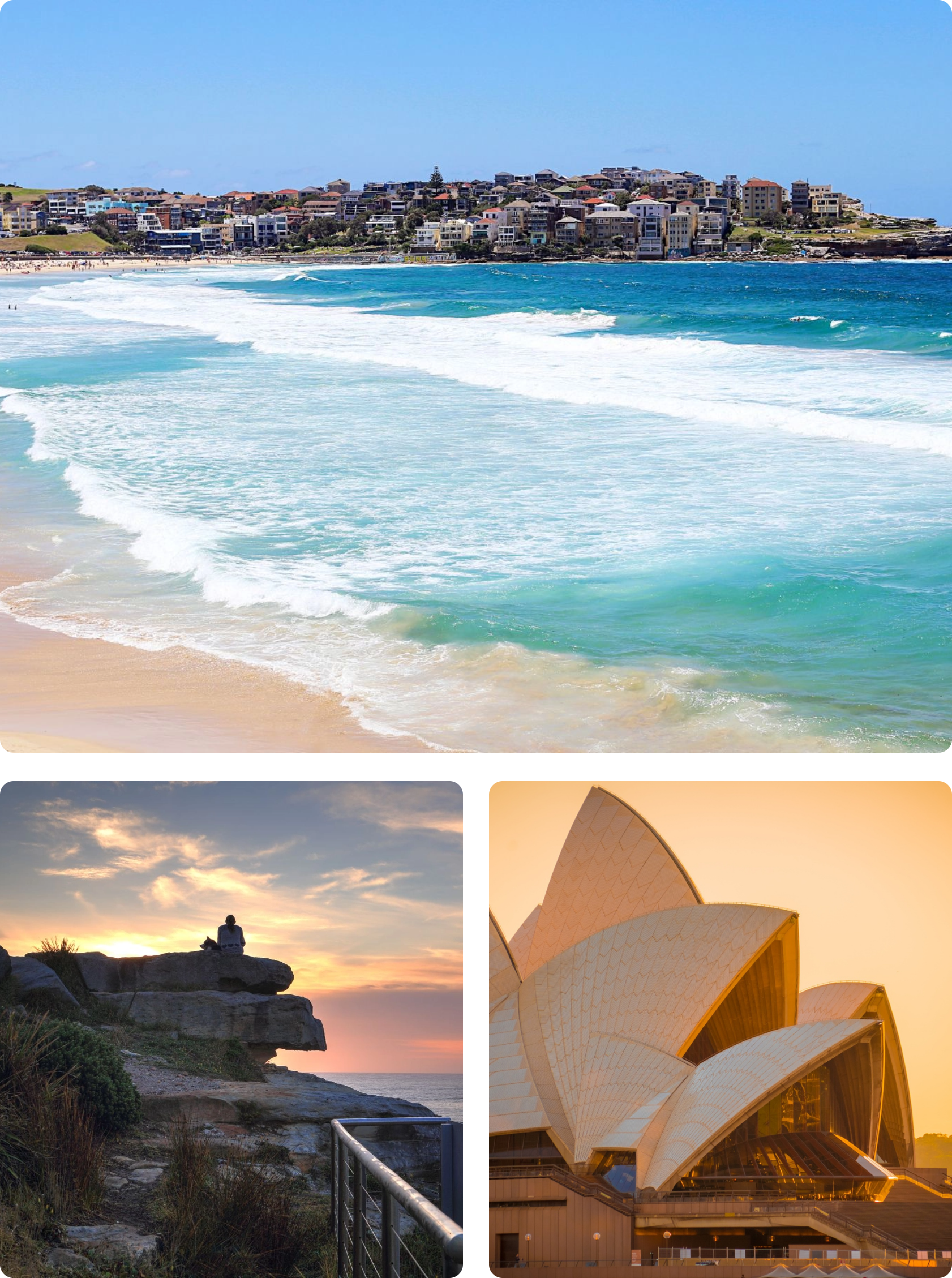 Collage of Bondi Beach, coastal cliffs and the Sydney Opera House