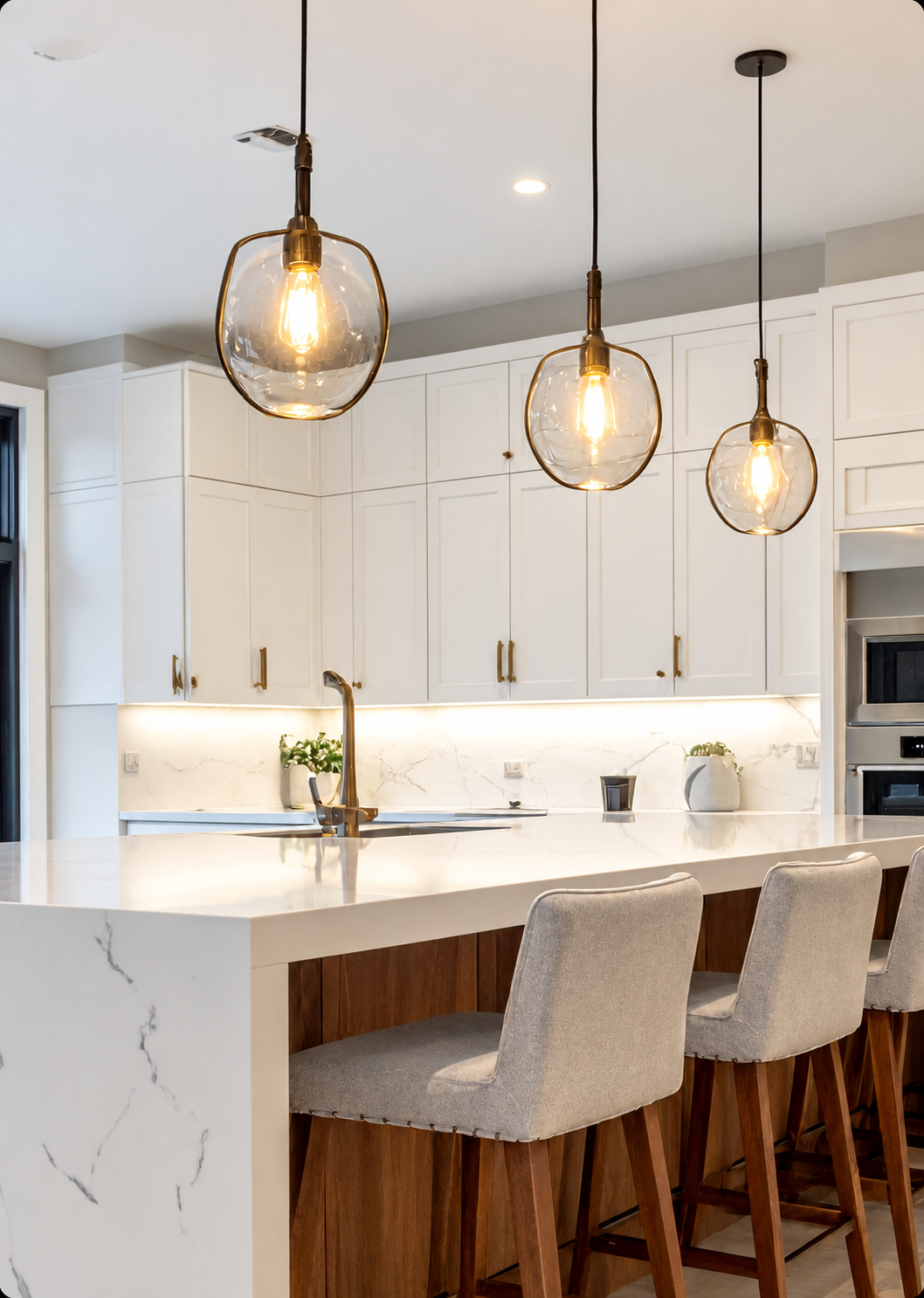 Bright modern kitchen with glass pendant lights and marble island bench