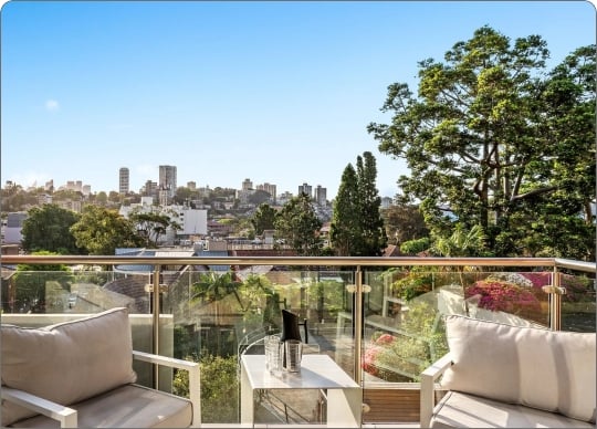 Balcony with leafy views at Bellevue Road, Bellevue Hill NSW